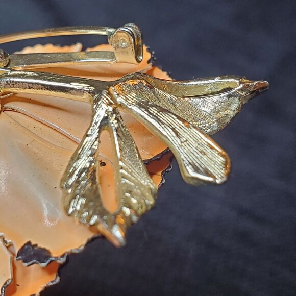 VTG Signed CORO Trembler Brooch AB Rhinestones Gold Tone Enamel Peach Poppy 3" - Picture 12 of 16